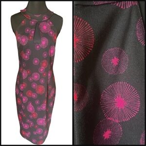 NWT Trina Turk Pink Red & Black Halter Sheath Dress with Retro Print